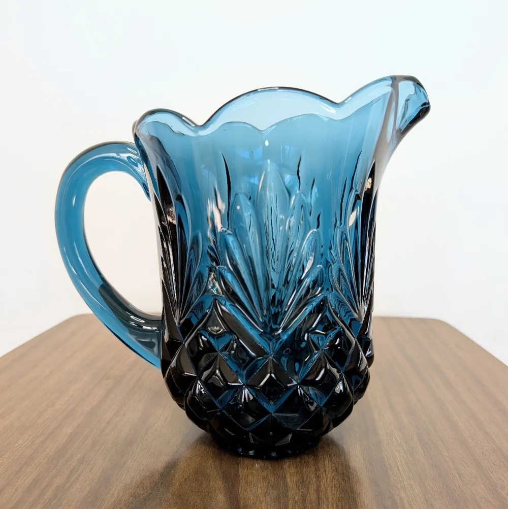 Jeffrey Banks Dark Blue Cut Crystal Pitcher Scalloped Edges Shannon By Godinger